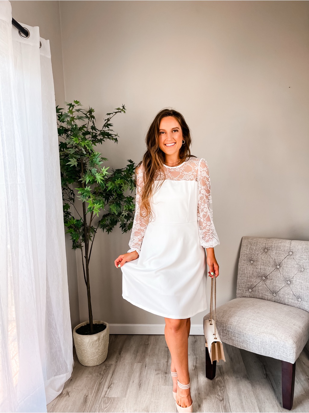 White Lace-Sleeve Mini Dress